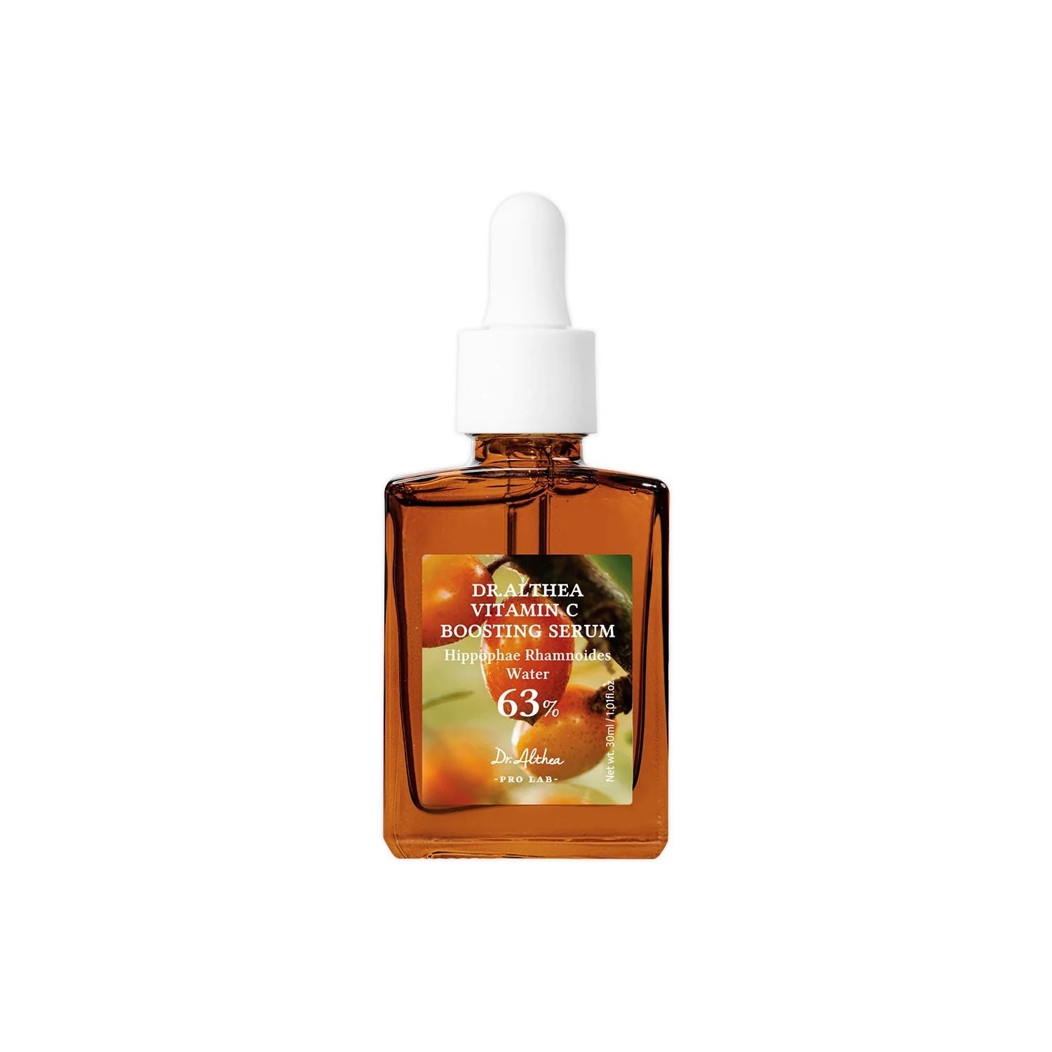 Sérum potente de Vitamina C con 63% espino amarillo (Hippophae Rhamnoides), 5% niacinamida, 2% ácido tranexámico y alpha-arbutina. Sin fragancia. Frasco ámbar con pipeta. 30ml.