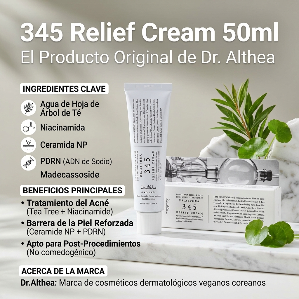 Infografía Dr.Althea 345 Relief Cream: ingredientes clave (Tea Tree, Niacinamida, Ceramida NP, PDRN 40k de Sodio, Madecassoside) y beneficios principales (tratamiento del acné, barrera reforzada, apto post-procedimientos). No comedogénica.