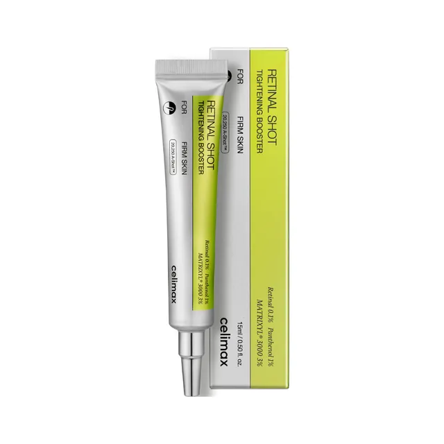 Tubo y caja de Celimax The Vita-A Retinal Shot Tightening Booster 15ml, booster coreano con retinal 0,1%, pantenol 1% y Matrixyl 3000 al 3%.