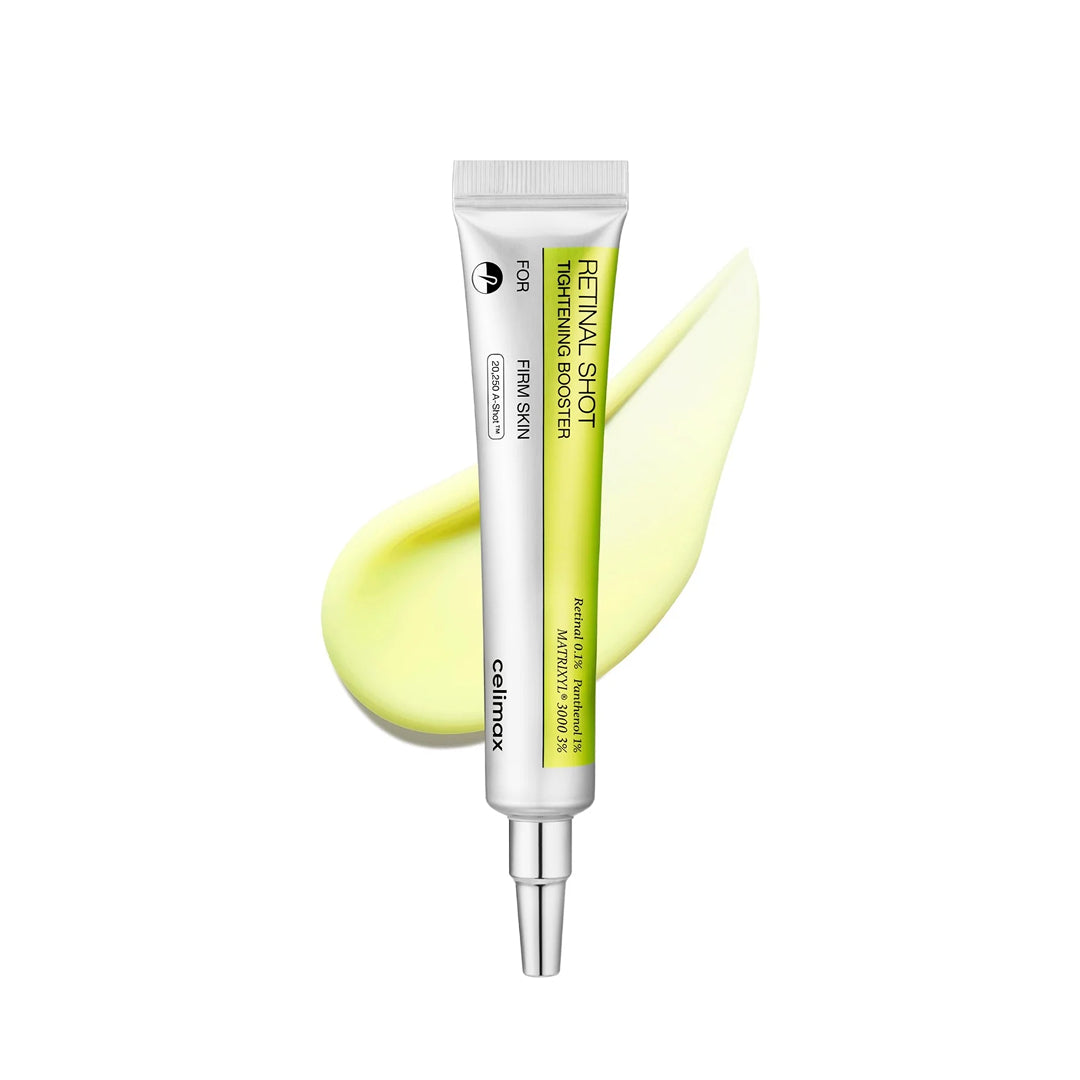 Tubo de Celimax Retinal Shot Tightening Booster 15ml junto a su textura en crema ligera de color amarillo suave.