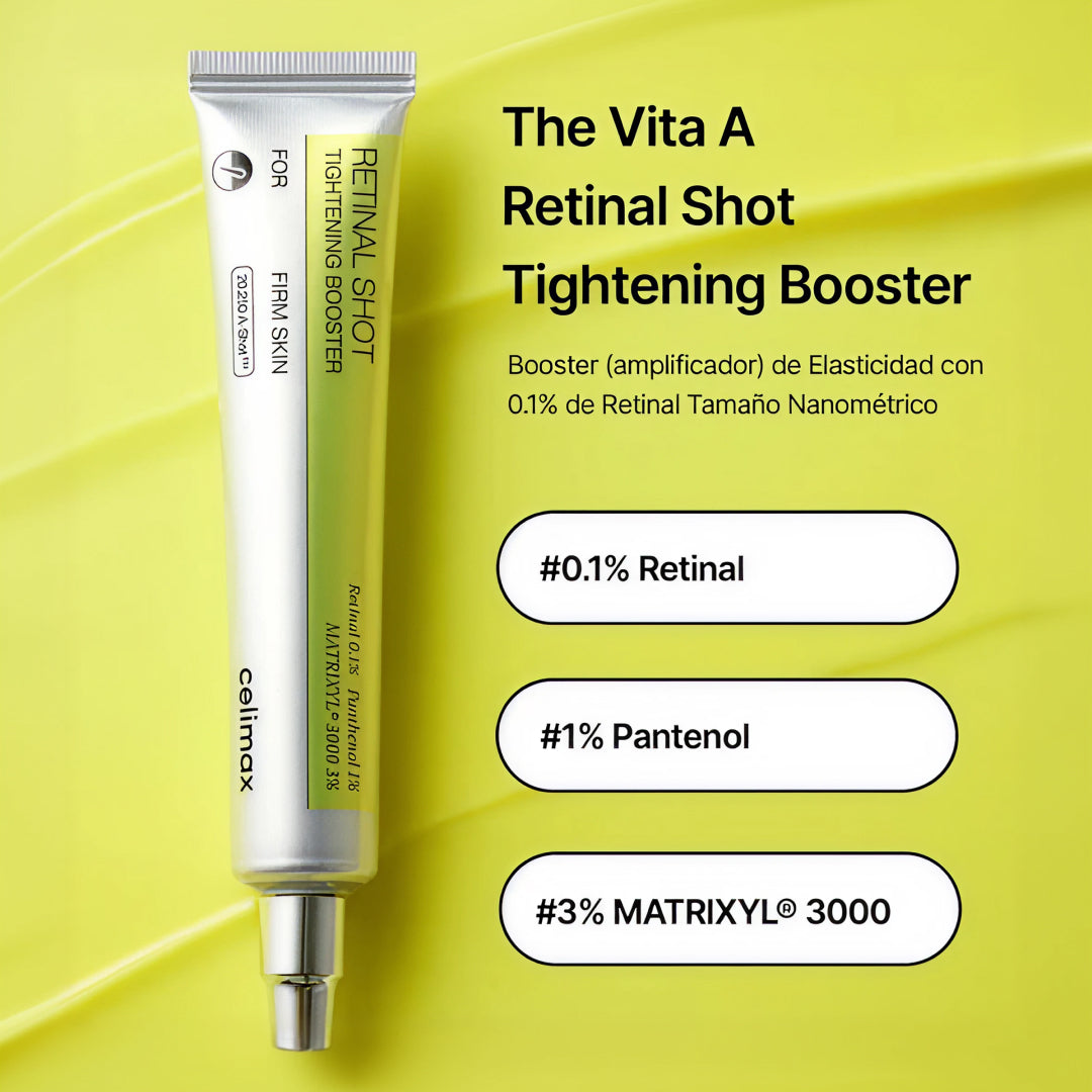 Infografía de Celimax The Vita-A Retinal Shot Tightening Booster con sus activos: 0,1% de retinal, 1% de pantenol y 3% de Matrixyl 3000.
