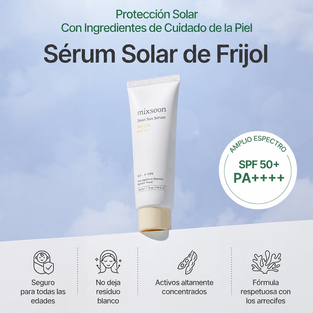 Infografía del Mixsoon Bean Sun Serum SPF50+ PA++++ con sus beneficios principales.