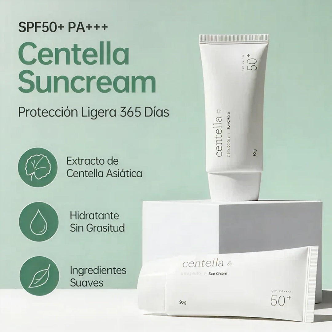 Infografía del Mixsoon Centella Sun Cream SPF50+ con extracto de centella, hidratación e ingredientes suaves.