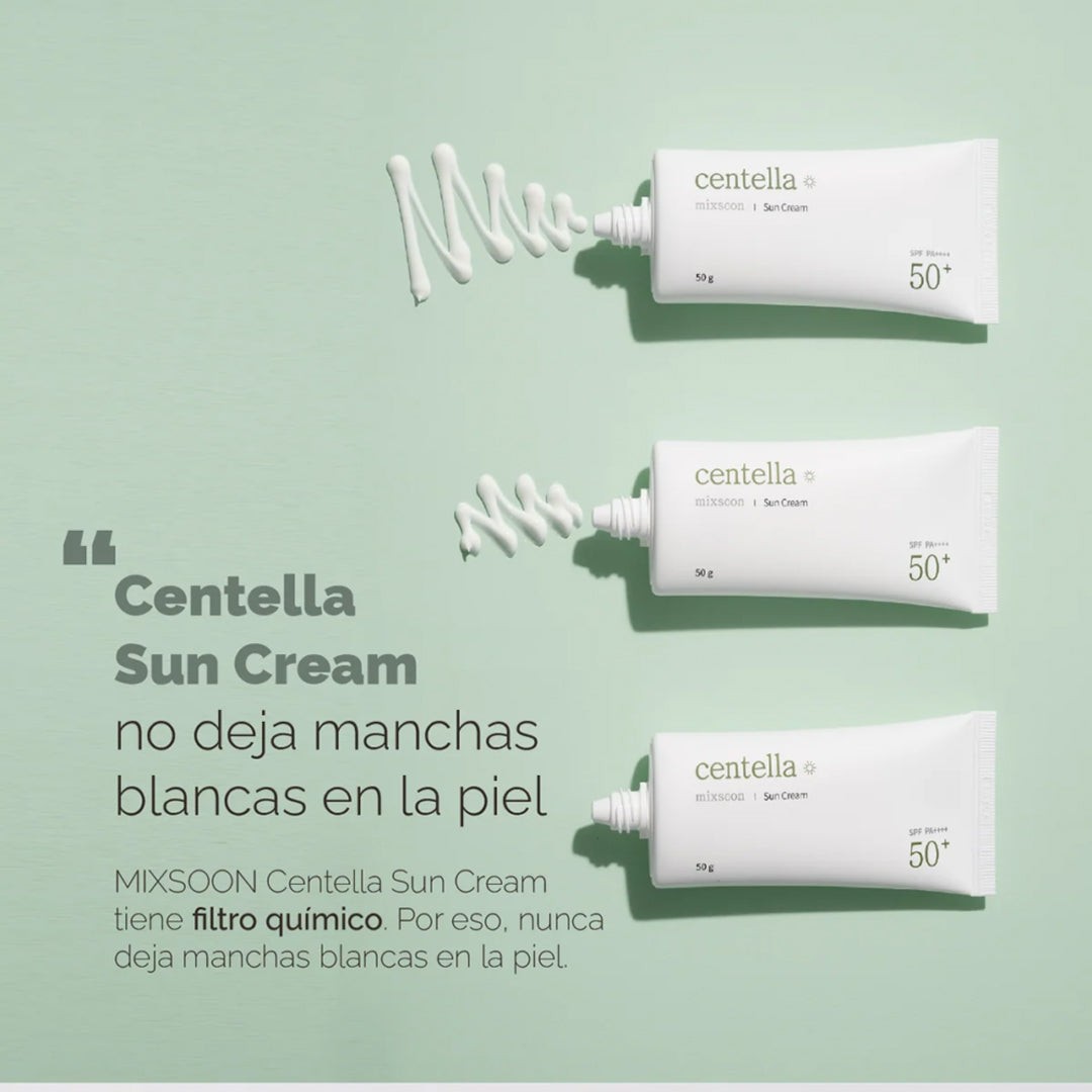 Infografía del Mixsoon Centella Sun Cream que muestra que no deja residuo blanco en la piel.