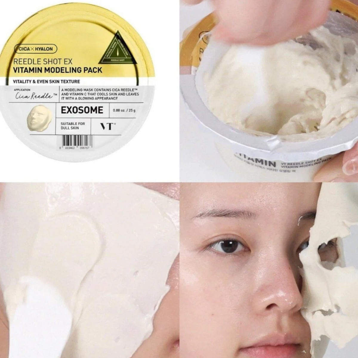 Modelo con la mascarilla VT Reedle Shot Ex Vitamin Modeling Pack sobre el rostro.