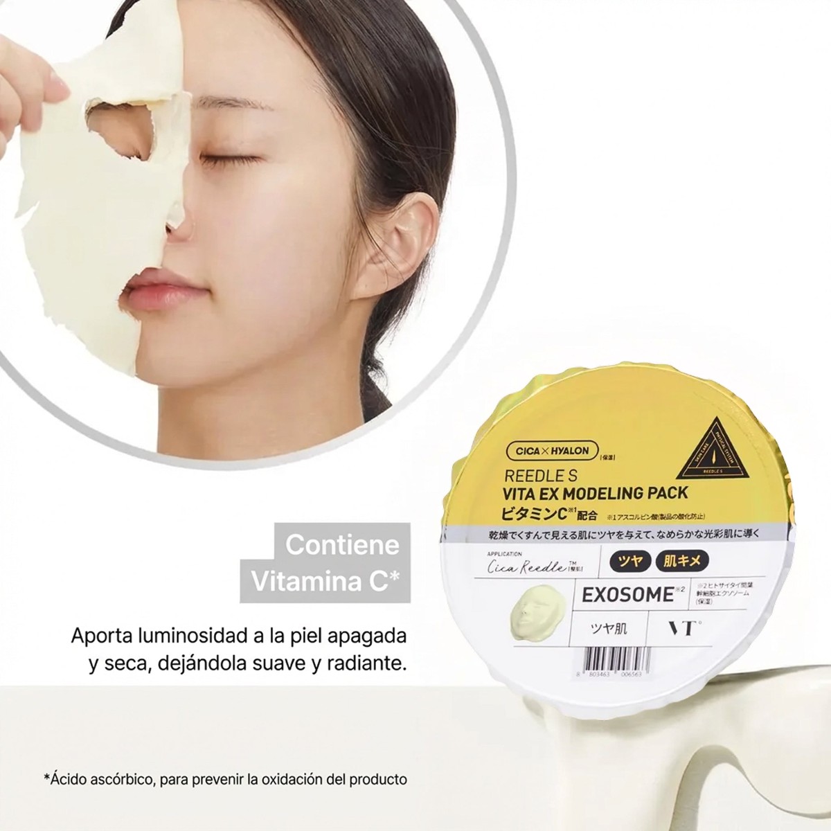 La mascarilla VT Reedle Shot Ex Vitamin Modeling Pack se retira en una sola pieza.