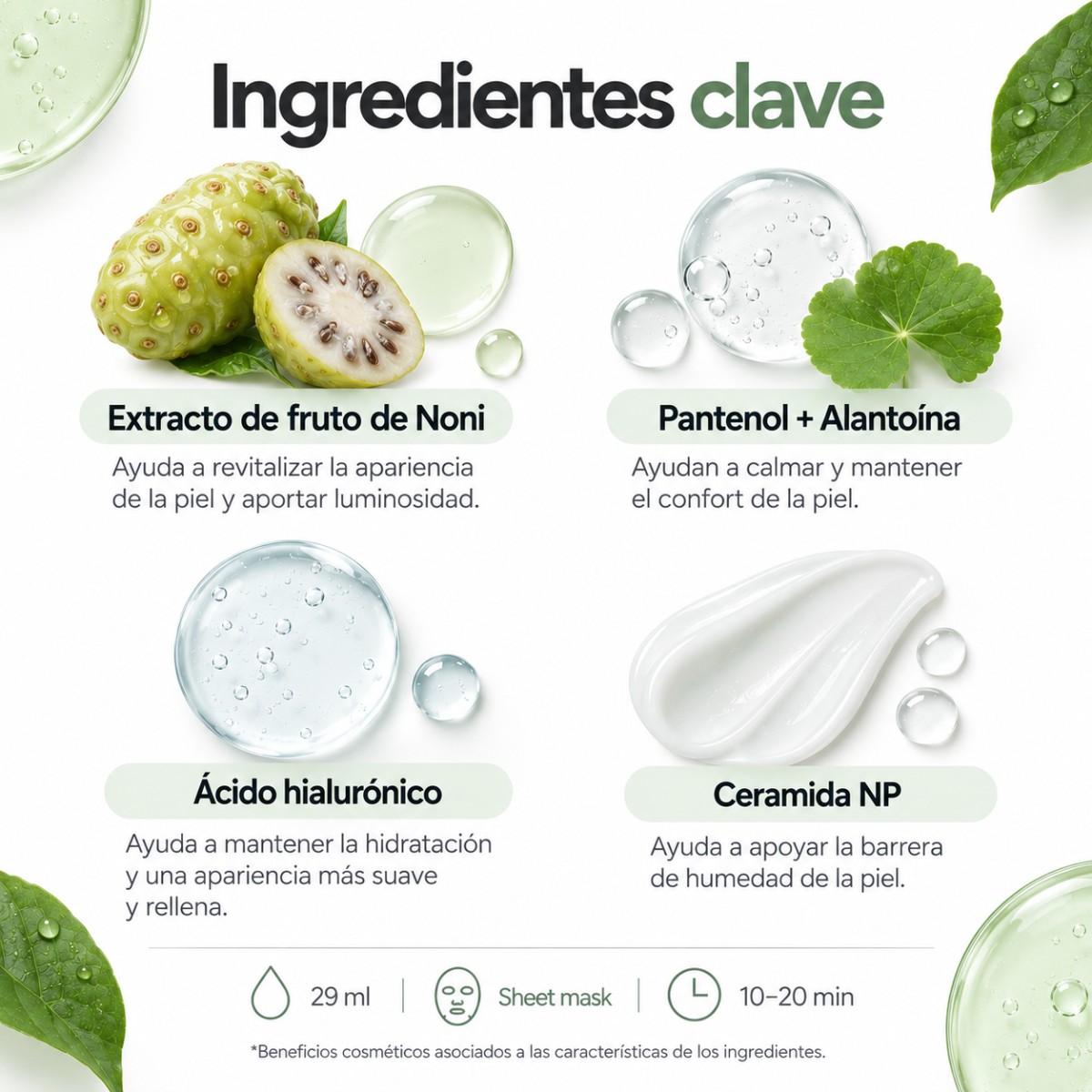 Infografía con los ingredientes de Celimax The Real Noni Energy Ampule Mask: noni, pantenol, alantoína, ácido hialurónico y ceramida NP.