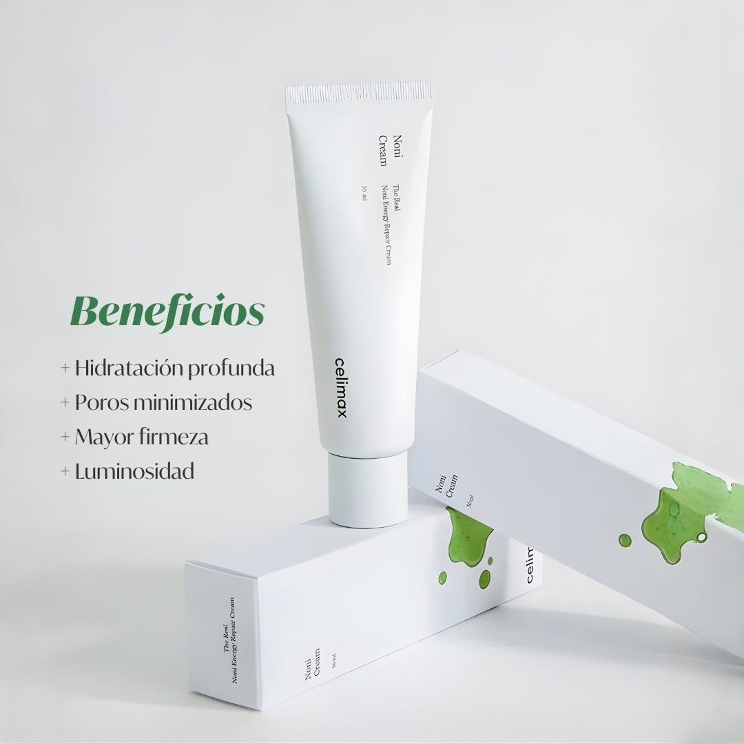 Infografía con los beneficios de Celimax The Real Noni Energy Repair Cream.