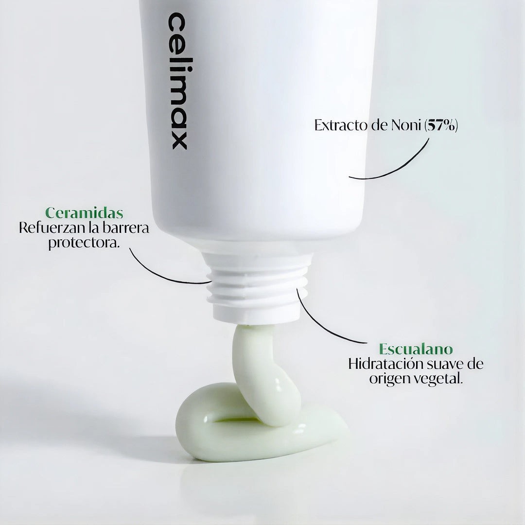 Textura de Celimax The Real Noni Energy Repair Cream saliendo del tubo, con sus ingredientes destacados.