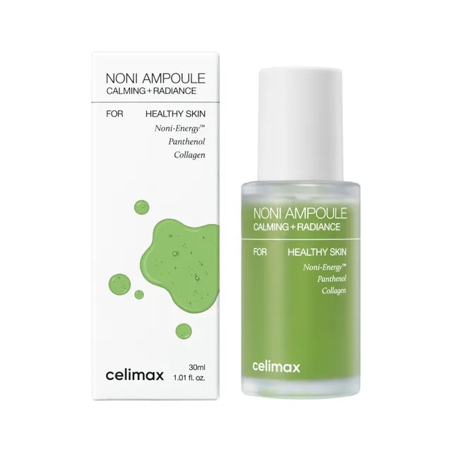 Frasco verde y caja de Celimax The Real Noni Energy Ampoule 30ml, ampolla coreana con noni.