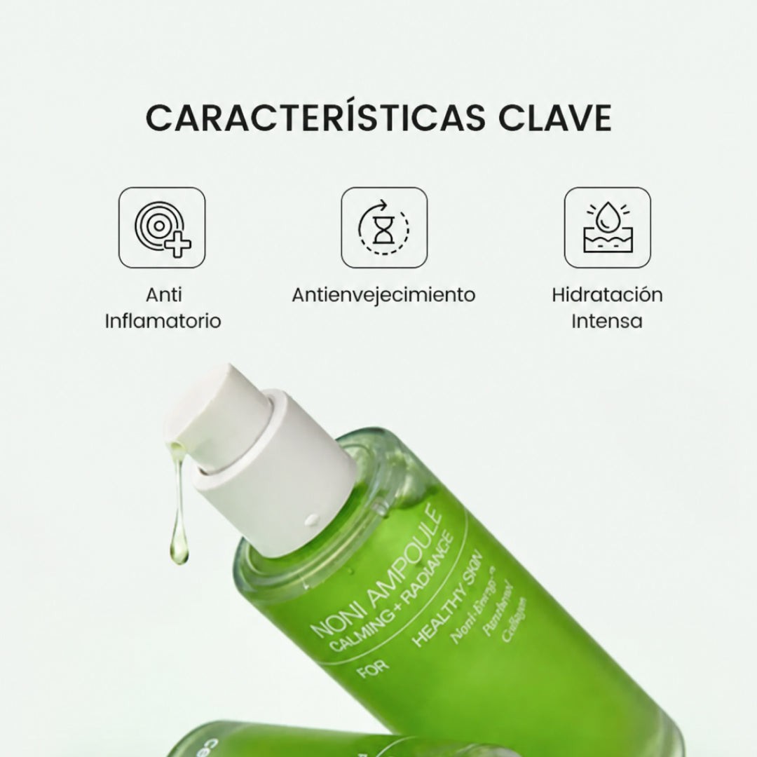 Infografía con las características clave de Celimax The Real Noni Energy Ampoule.