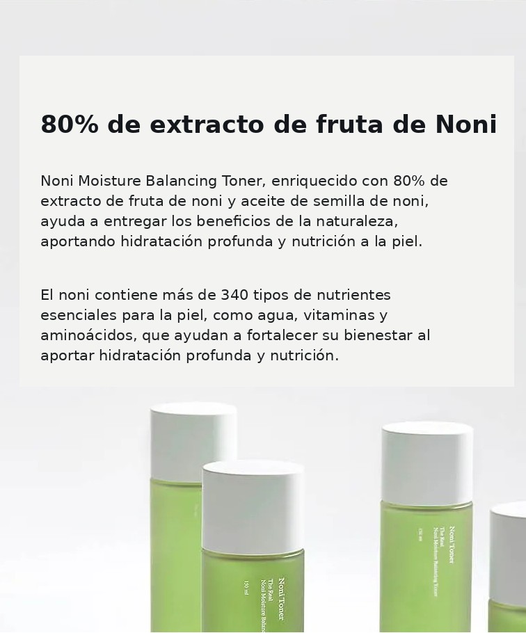 Infografía en español del Celimax Noni Moisture Balancing Toner con 80% de extracto de noni.