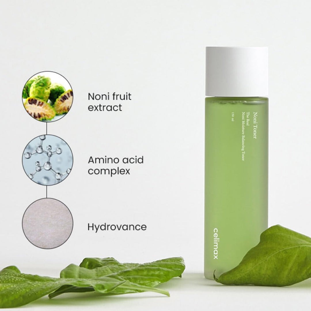 Botella de Celimax The Real Noni Moisture Balancing Toner con extracto de noni, aminoácidos e Hydrovance.