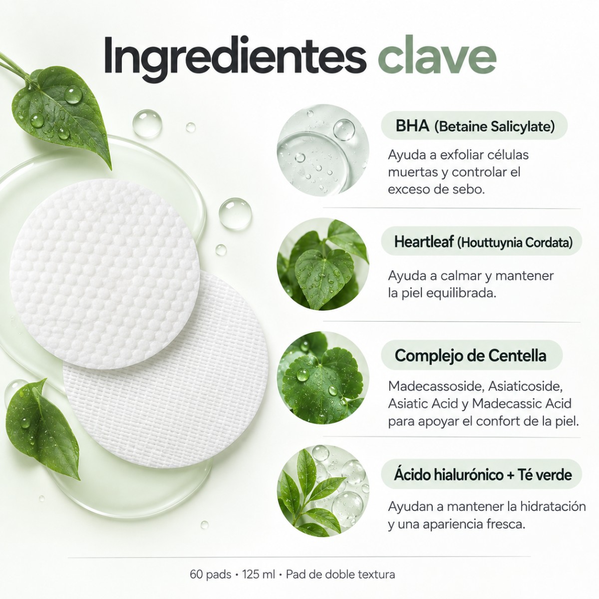 Infografía en español con los ingredientes clave de Celimax JIWOOGAE Heartleaf BHA Peeling Pad.