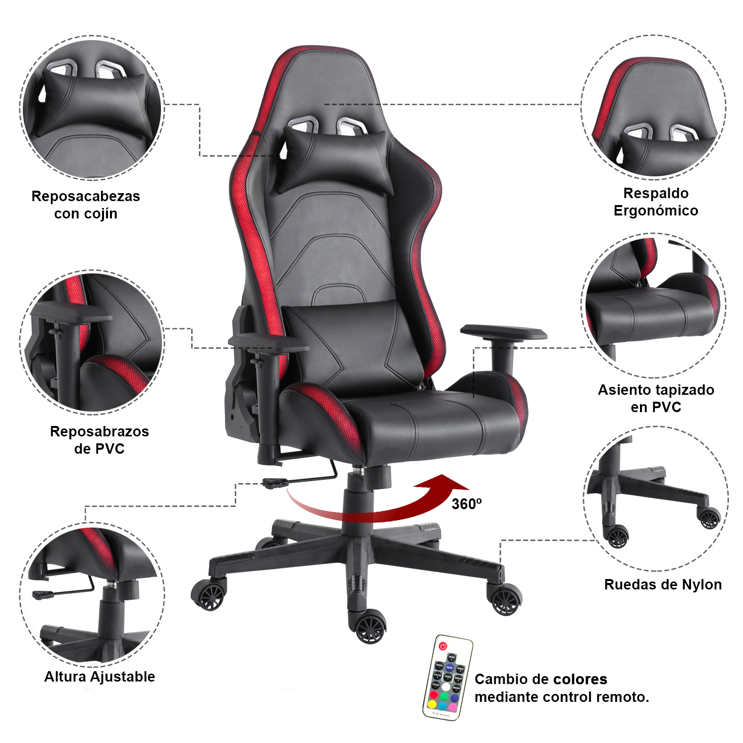  - Silla Gamer Lights Game PVC Base Nylon - Negro