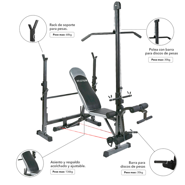 Atletis Banca Multifuncional Respaldo Ajustable y Polea